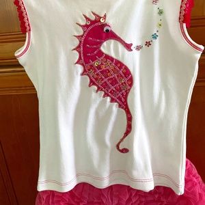 Lemon Loves Lime SET Outfit Seahorse White Pink TOP Fuchsia Ruffles SKIRT 5-6